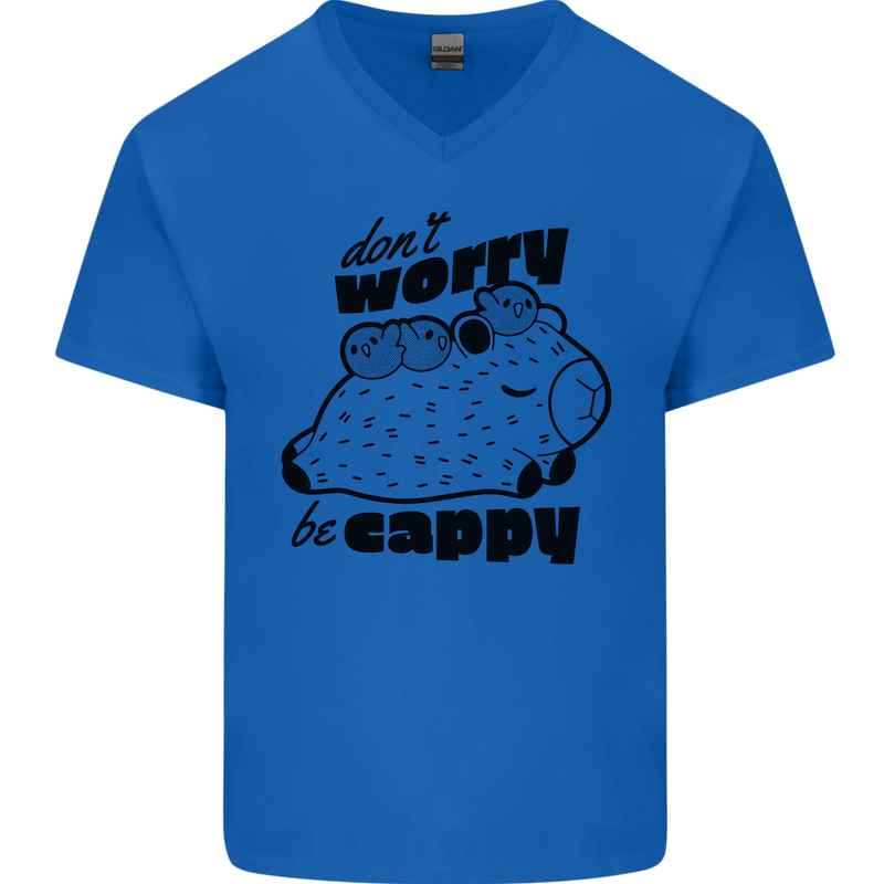 Cappybara Dont Worry Be Cappy Mens V-Neck Cotton T-Shirt Royal Blue