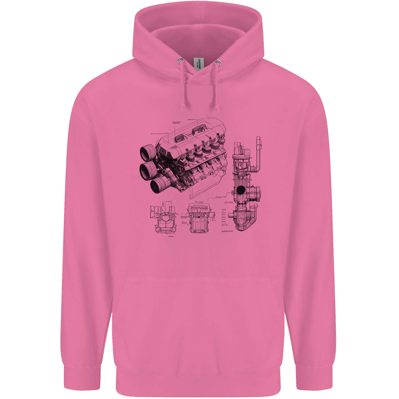 Car Engine Blueprints Petrolhead Childrens Kids Hoodie Azalea