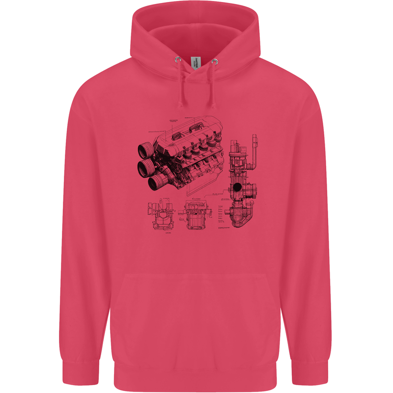 Car Engine Blueprints Petrolhead Childrens Kids Hoodie Heliconia