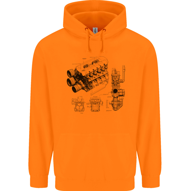 Car Engine Blueprints Petrolhead Childrens Kids Hoodie Orange