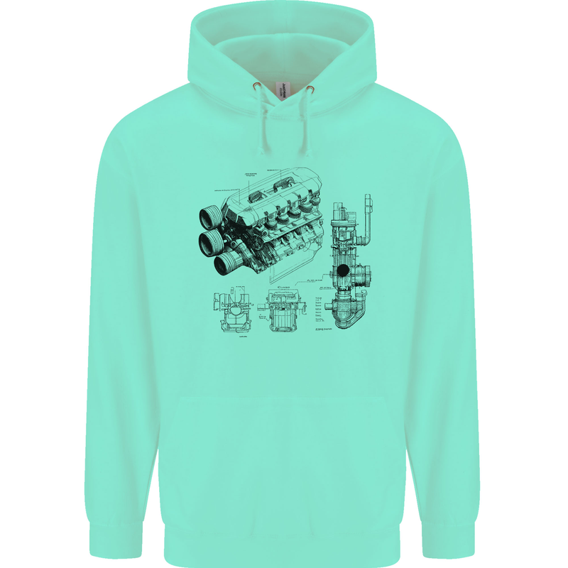 Car Engine Blueprints Petrolhead Childrens Kids Hoodie Peppermint