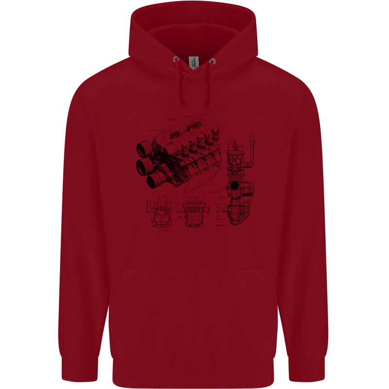 Car Engine Blueprints Petrolhead Childrens Kids Hoodie Red