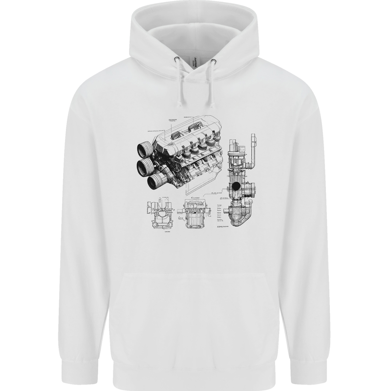 Car Engine Blueprints Petrolhead Childrens Kids Hoodie White