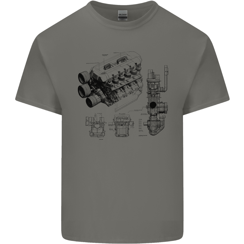 Car Engine Blueprints Petrolhead Kids T-Shirt Childrens Charcoal