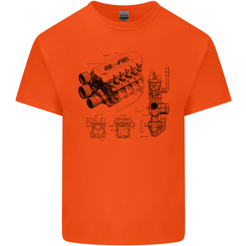 Car Engine Blueprints Petrolhead Kids T-Shirt Childrens Orange