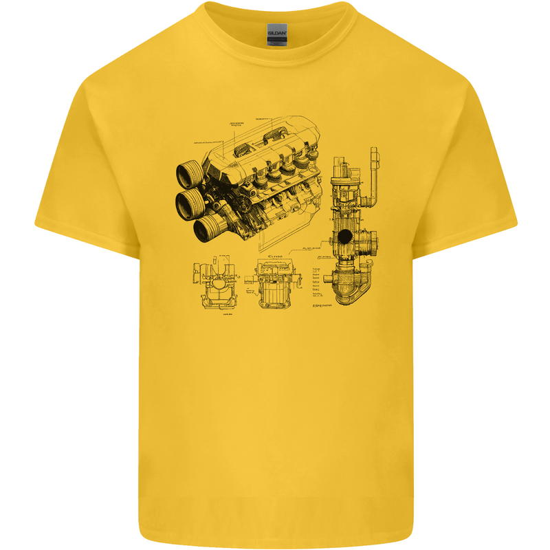 Car Engine Blueprints Petrolhead Kids T-Shirt Childrens Yellow