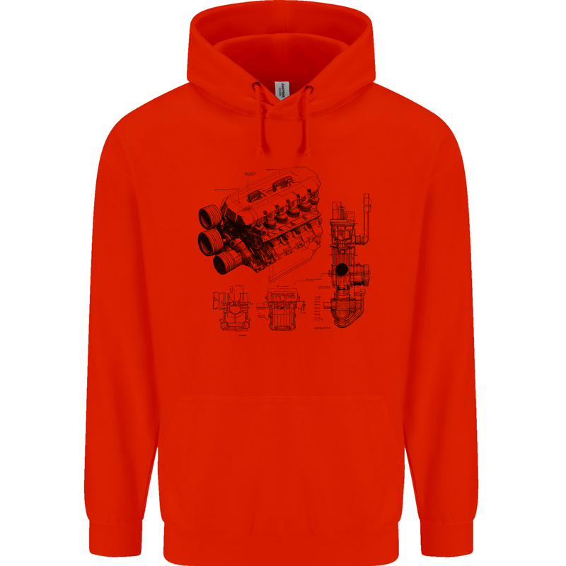 Car Engine Blueprints Petrolhead Mens 80% Cotton Hoodie Bright Red