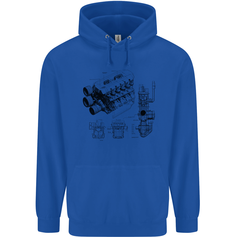 Car Engine Blueprints Petrolhead Mens 80% Cotton Hoodie Royal Blue