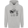 Car Engine Blueprints Petrolhead Mens 80% Cotton Hoodie Sports Grey