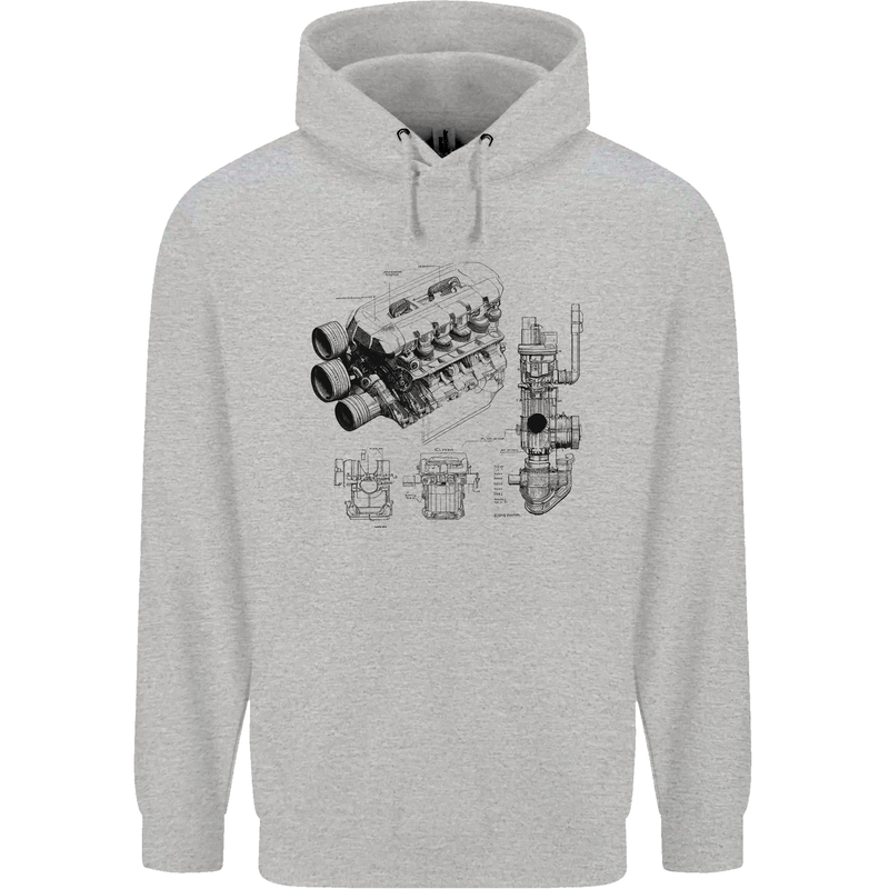 Car Engine Blueprints Petrolhead Mens 80% Cotton Hoodie Sports Grey