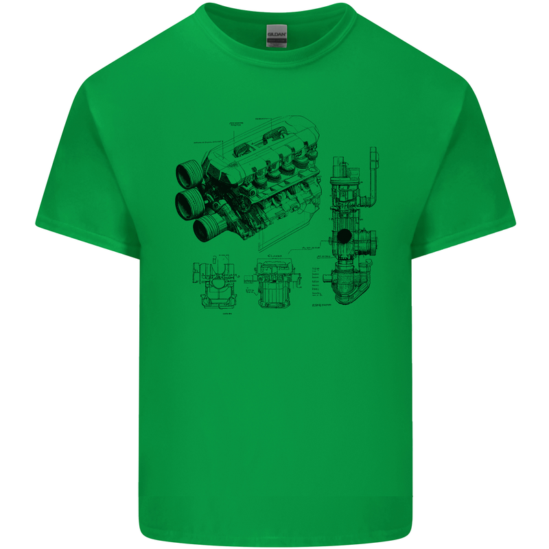 Car Engine Blueprints Petrolhead Mens Cotton T-Shirt Tee Top Irish Green