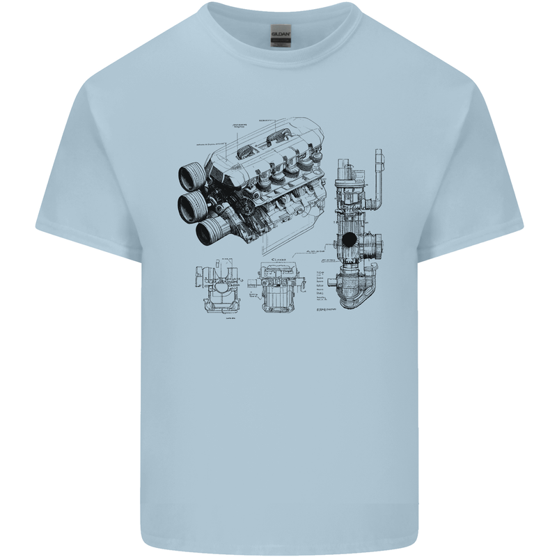Car Engine Blueprints Petrolhead Mens Cotton T-Shirt Tee Top Light Blue