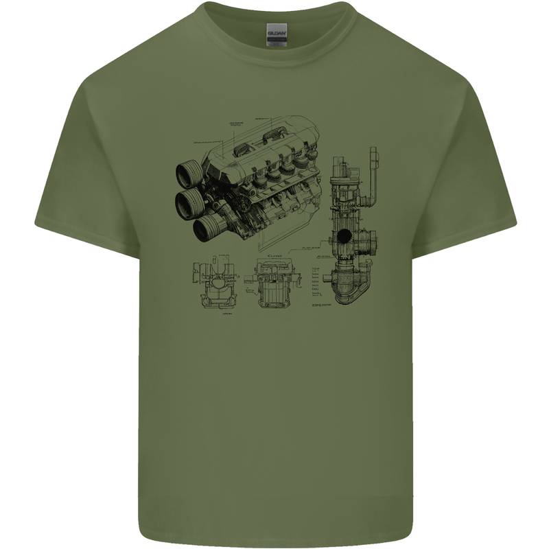 Car Engine Blueprints Petrolhead Mens Cotton T-Shirt Tee Top Military Green