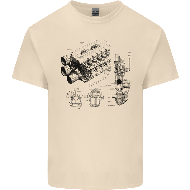 Car Engine Blueprints Petrolhead Mens Cotton T-Shirt Tee Top Natural