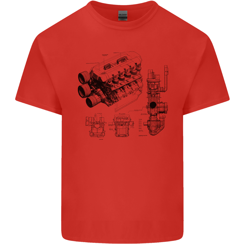 Car Engine Blueprints Petrolhead Mens Cotton T-Shirt Tee Top Red