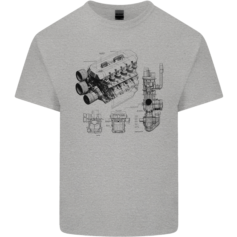 Car Engine Blueprints Petrolhead Mens Cotton T-Shirt Tee Top Sports Grey