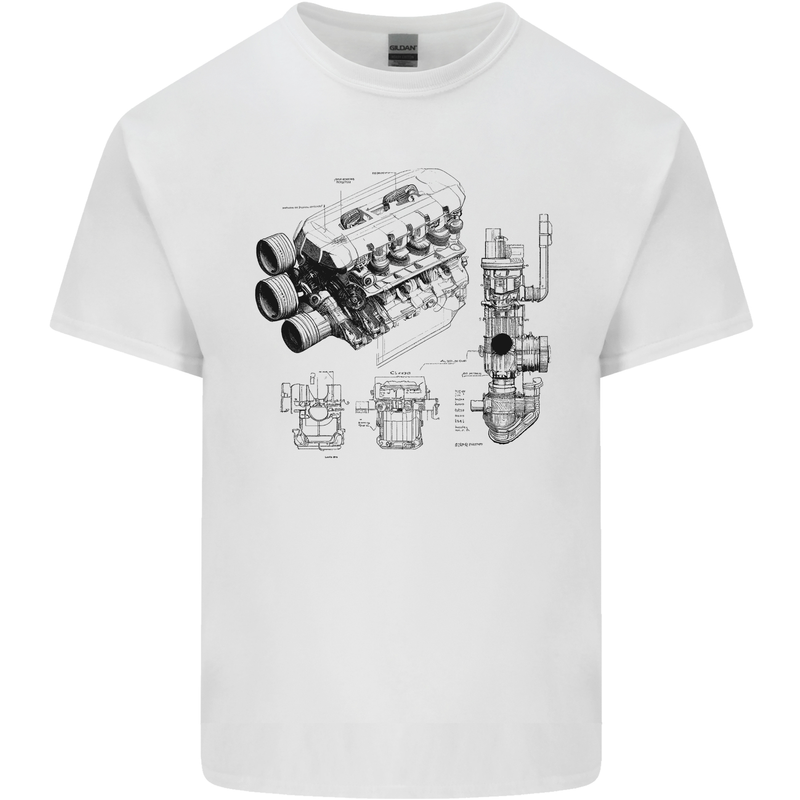 Car Engine Blueprints Petrolhead Mens Cotton T-Shirt Tee Top White