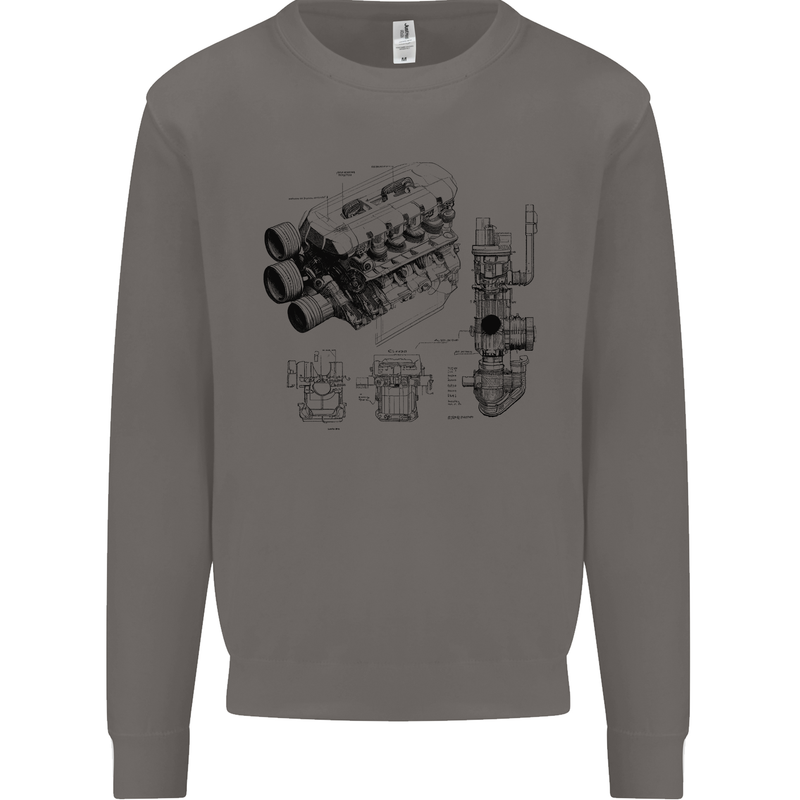 Car Engine Blueprints Petrolhead Mens Sweatshirt Jumper Charcoal