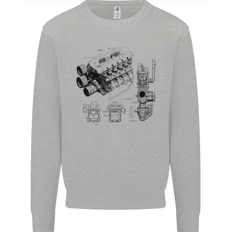 Car Engine Blueprints Petrolhead Mens Sweatshirt Jumper Sports Grey