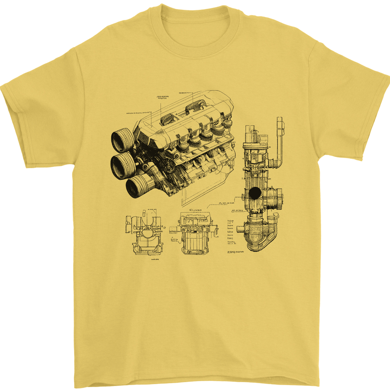 Car Engine Blueprints Petrolhead Mens T-Shirt 100% Cotton Yellow