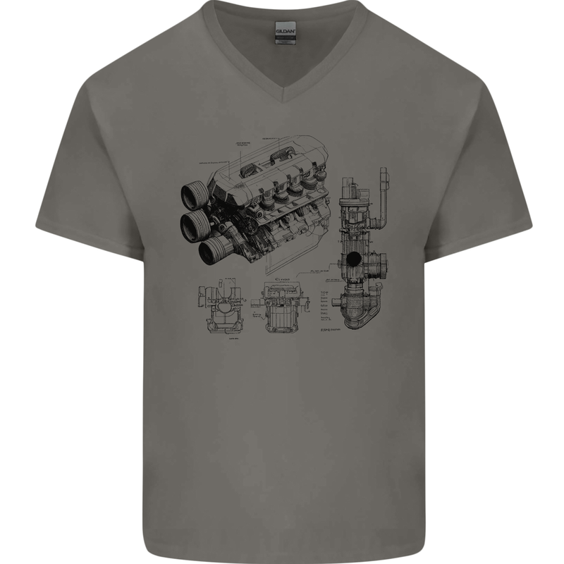 Car Engine Blueprints Petrolhead Mens V-Neck Cotton T-Shirt Charcoal