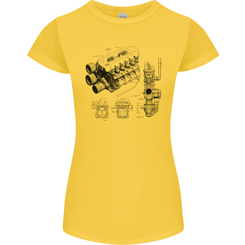 Car Engine Blueprints Petrolhead Womens Petite Cut T-Shirt Yellow