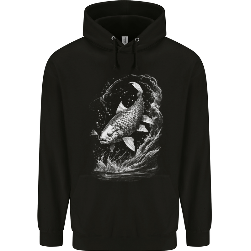 Carp Fish on a Line Fishing Fisherman Mens 80% Cotton Hoodie Black