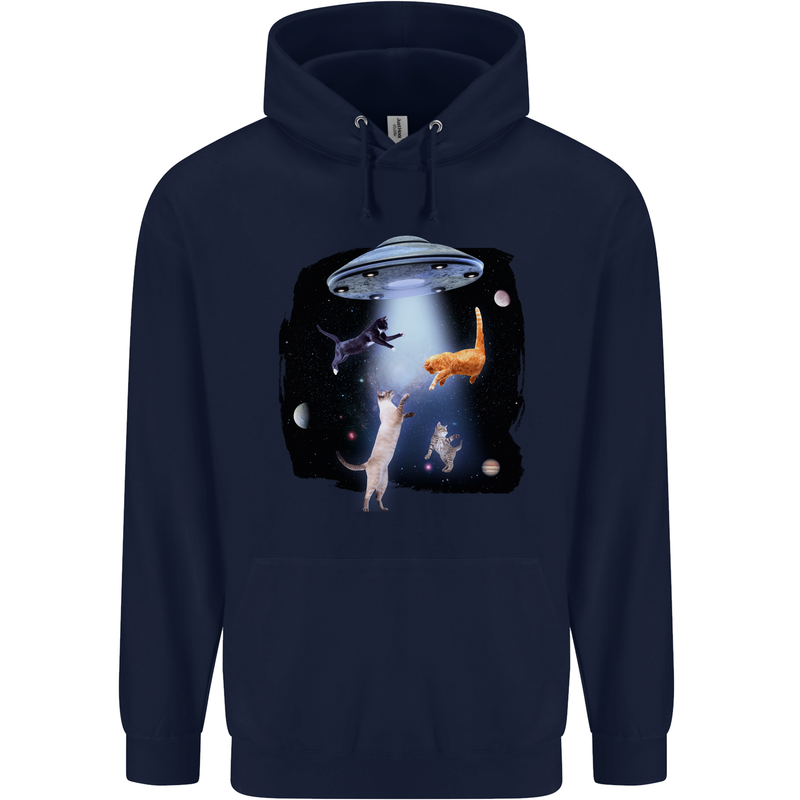 Cat Abduction Alien UFO Mens 80% Cotton Hoodie Navy Blue
