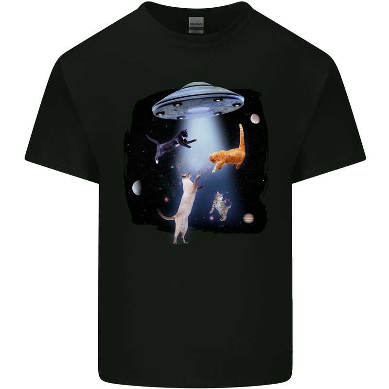 Cat Abduction Alien UFO Mens Cotton T-Shirt Tee Top Black