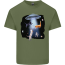 Cat Abduction Alien UFO Mens Cotton T-Shirt Tee Top Military Green