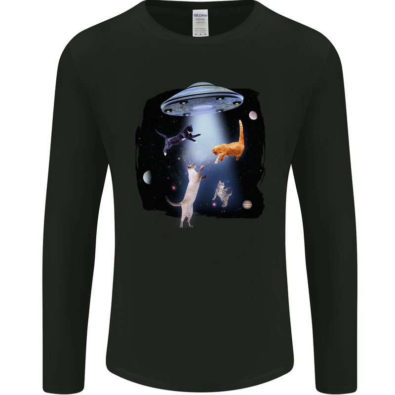 Cat Abduction Alien UFO Mens Long Sleeve T-Shirt Black