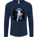 Cat Abduction Alien UFO Mens Long Sleeve T-Shirt Navy Blue
