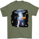 Cat Abduction Alien UFO Mens T-Shirt 100% Cotton Military Green