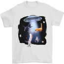Cat Abduction Alien UFO Mens T-Shirt 100% Cotton White