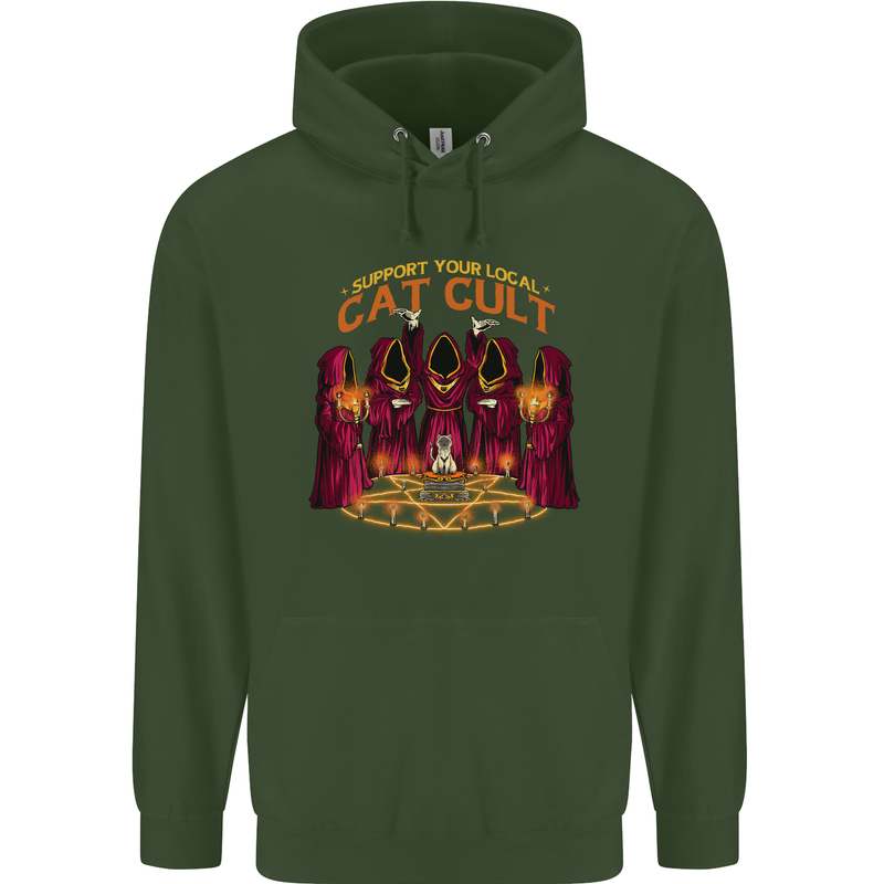 Cat Cult Evil Feline Devil Worship Satanic Childrens Kids Hoodie Forest Green