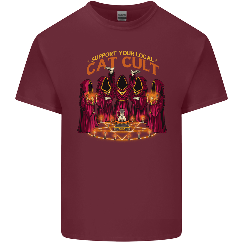 Cat Cult Evil Feline Devil Worship Satanic Mens Cotton T-Shirt Tee Top Maroon