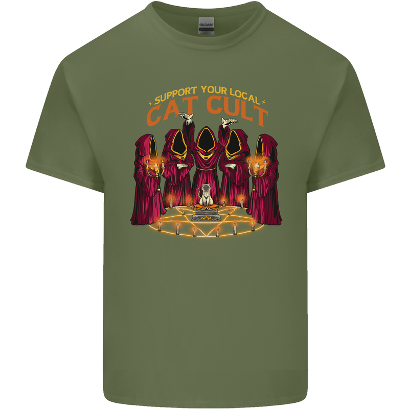 Cat Cult Evil Feline Devil Worship Satanic Mens Cotton T-Shirt Tee Top Military Green