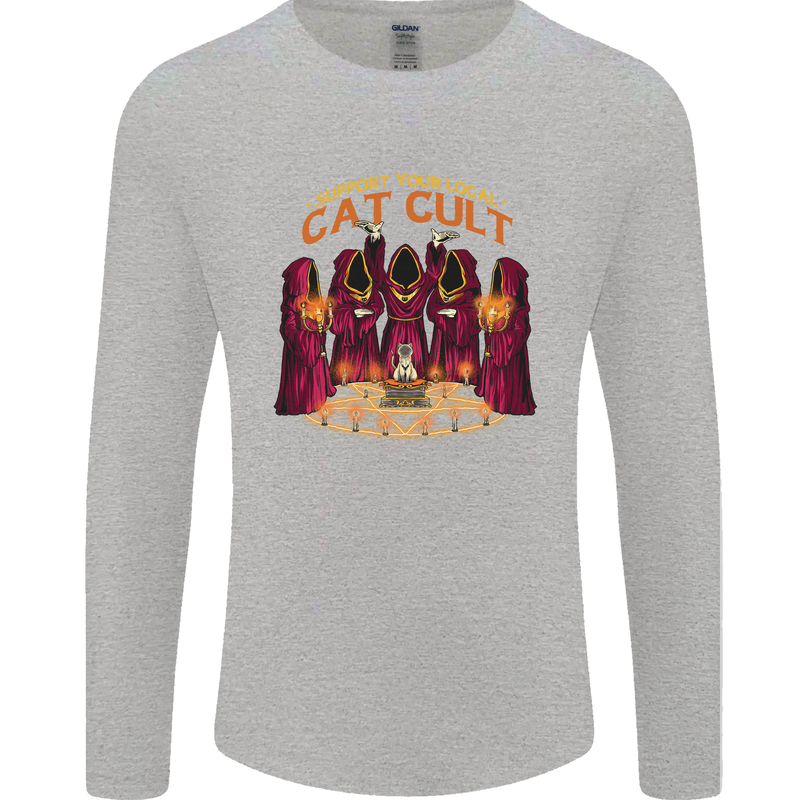 Cat Cult Evil Feline Devil Worship Satanic Mens Long Sleeve T-Shirt Sports Grey