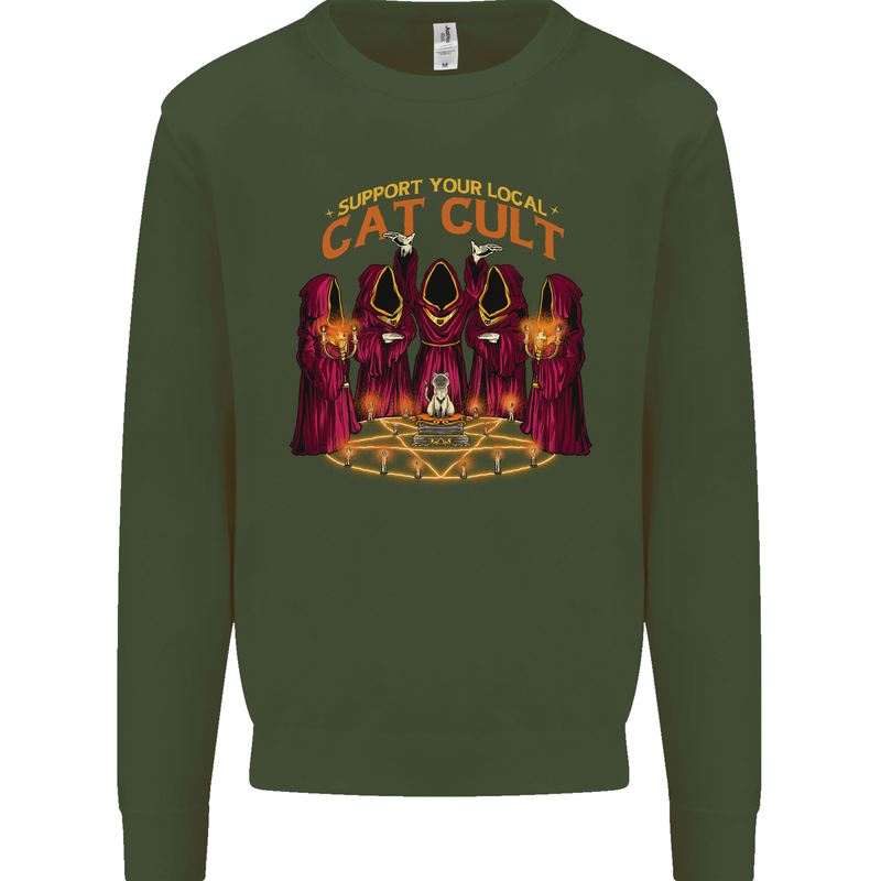 Cat Cult Evil Feline Devil Worship Satanic Mens Sweatshirt Jumper Forest Green