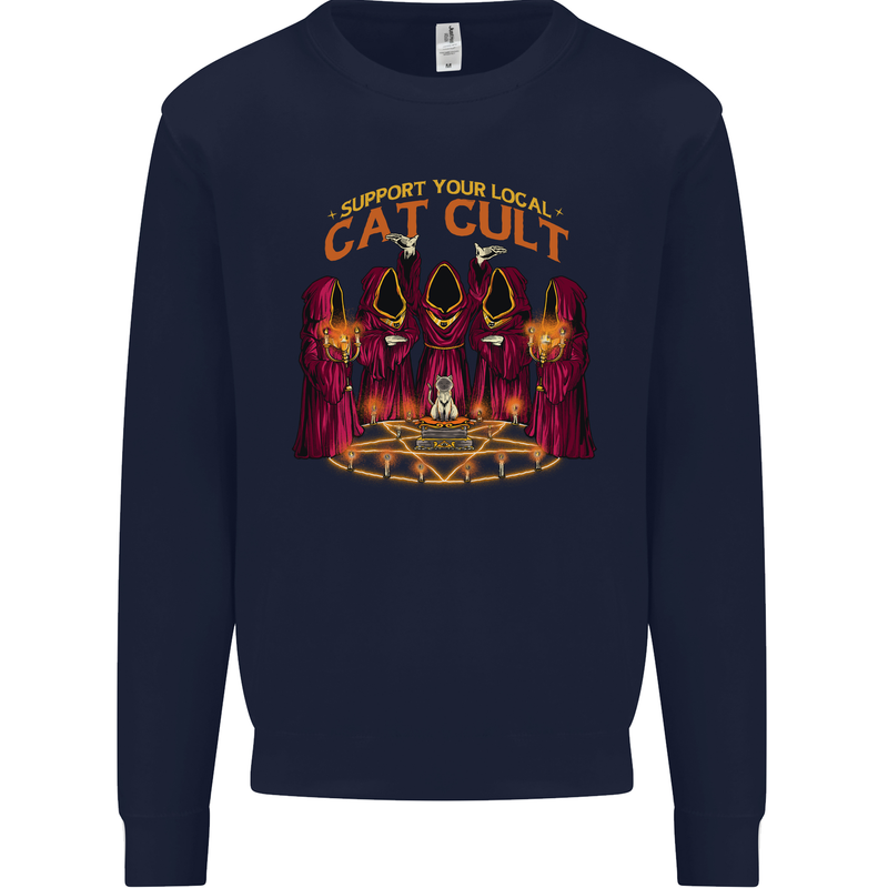 Cat Cult Evil Feline Devil Worship Satanic Mens Sweatshirt Jumper Navy Blue