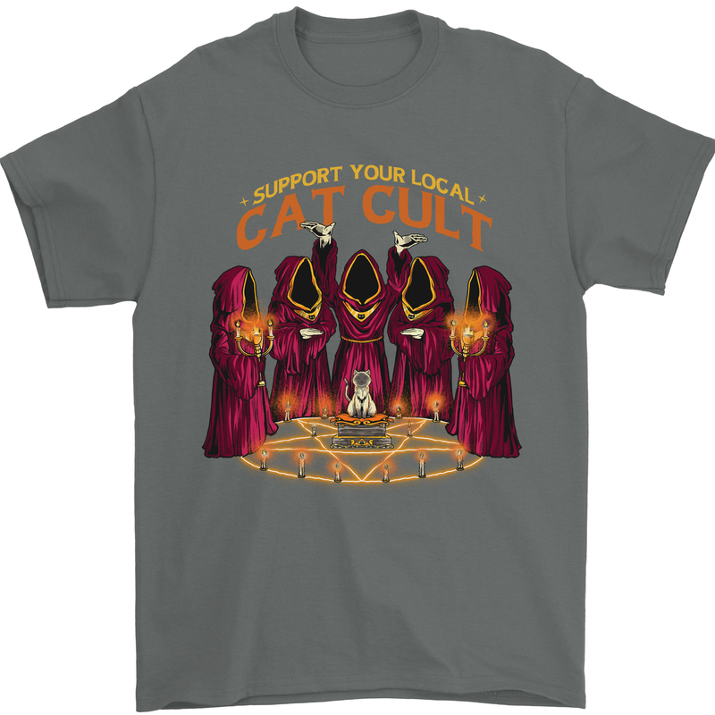 Cat Cult Evil Feline Devil Worship Satanic Mens T-Shirt 100% Cotton Charcoal