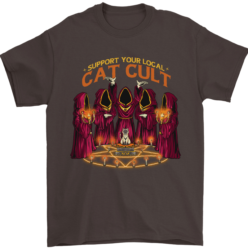 Cat Cult Evil Feline Devil Worship Satanic Mens T-Shirt 100% Cotton Dark Chocolate