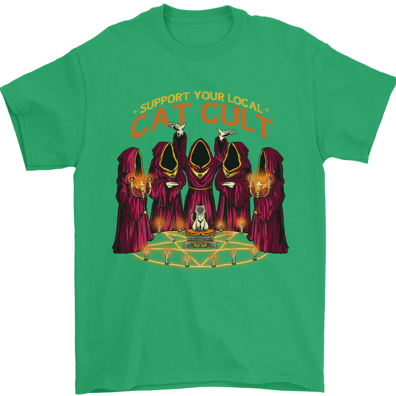 Cat Cult Evil Feline Devil Worship Satanic Mens T-Shirt 100% Cotton Irish Green