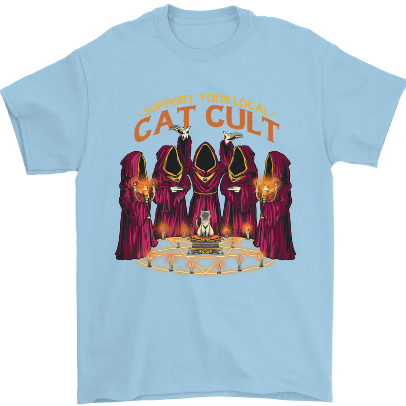 Cat Cult Evil Feline Devil Worship Satanic Mens T-Shirt 100% Cotton Light Blue