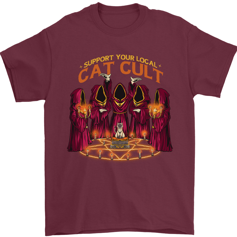 Cat Cult Evil Feline Devil Worship Satanic Mens T-Shirt 100% Cotton Maroon