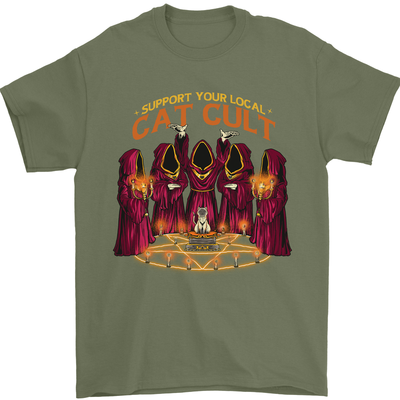 Cat Cult Evil Feline Devil Worship Satanic Mens T-Shirt 100% Cotton Military Green