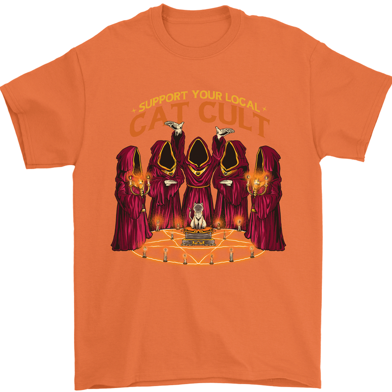Cat Cult Evil Feline Devil Worship Satanic Mens T-Shirt 100% Cotton Orange
