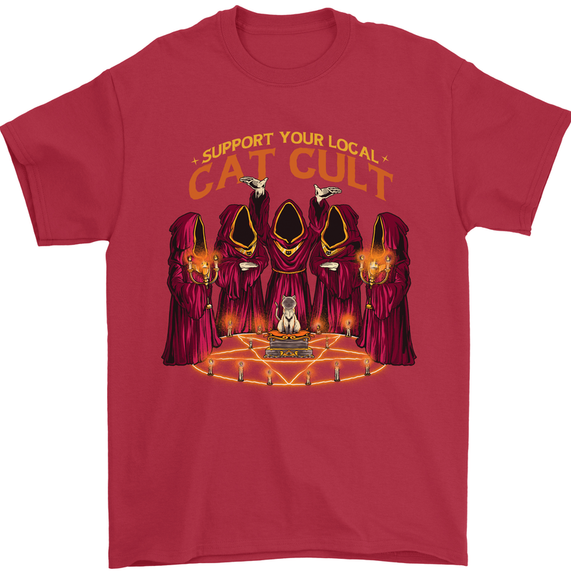 Cat Cult Evil Feline Devil Worship Satanic Mens T-Shirt 100% Cotton Red
