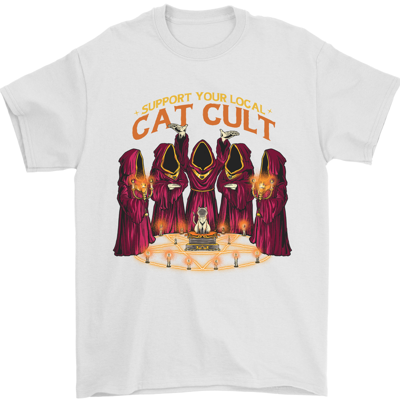 Cat Cult Evil Feline Devil Worship Satanic Mens T-Shirt 100% Cotton White