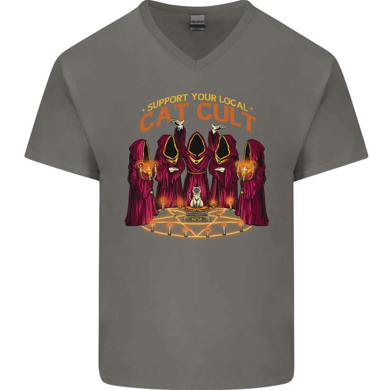 Cat Cult Evil Feline Devil Worship Satanic Mens V-Neck Cotton T-Shirt Charcoal